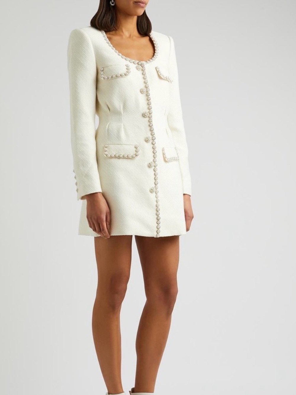 Self Portrait Elegant Cream Pearl-Trim Mini Dress